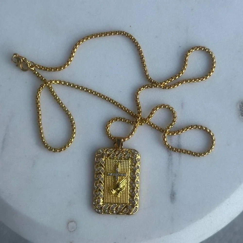 Gold Praying Hands Cross Rectangular Pendant Necklace Mens 24 Inch Chain